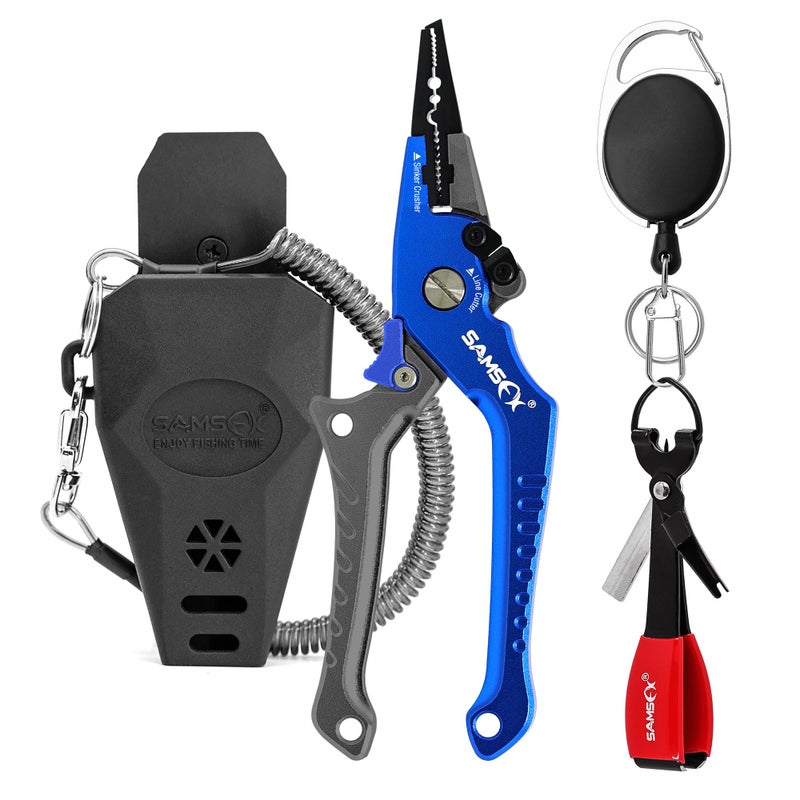 SAMSFX Aluminum Fishing Pliers Hook Remover Braid Line Cutter with Coiled Lanyard, Fly Fishing Knot Tying Tool & Retractors - Image 1